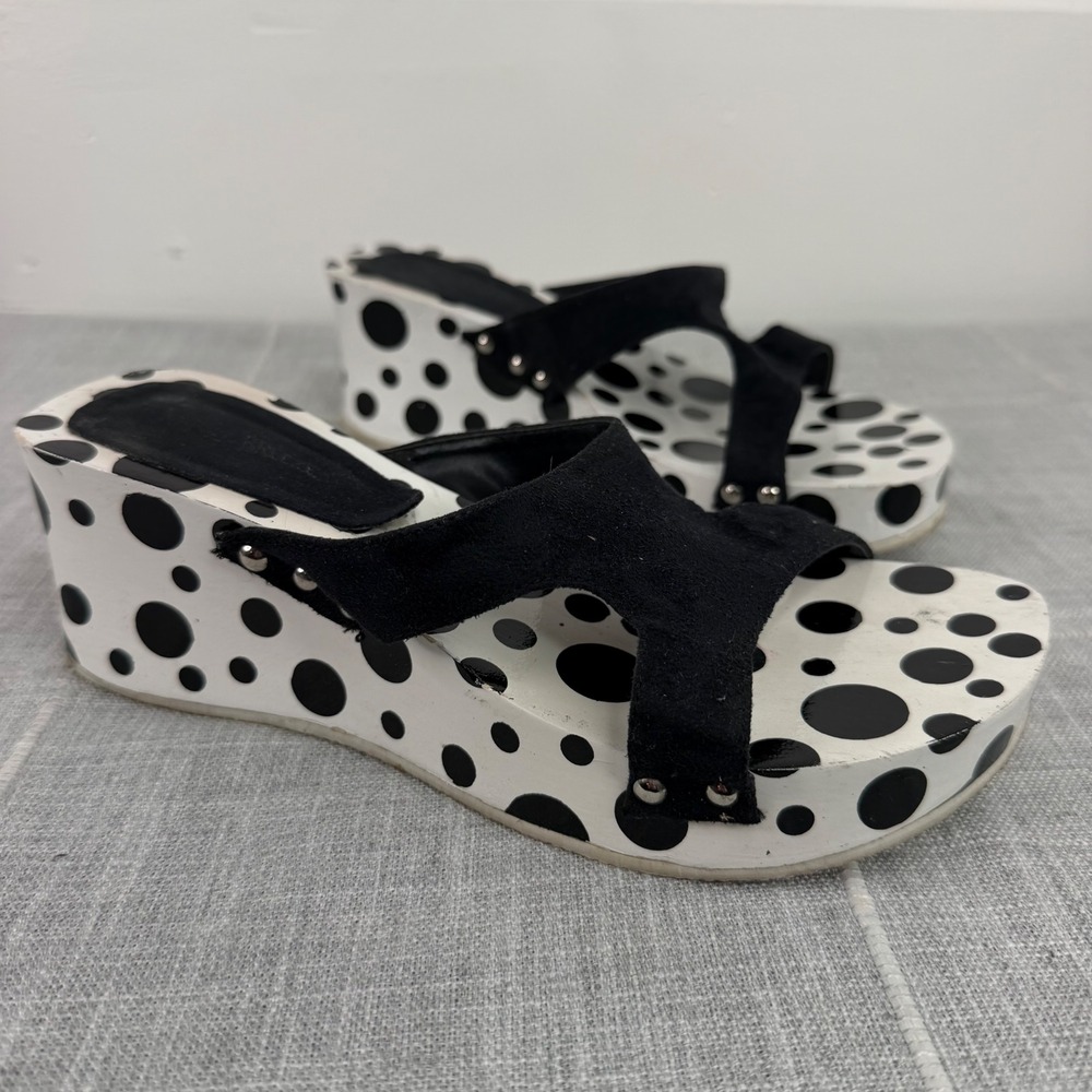 Nature Breeze Size 7 Polka Dot Platform Wedge Sandals Black White Studded Wood